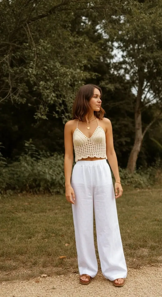 Crochet Top with Wide-Leg Linen Pants