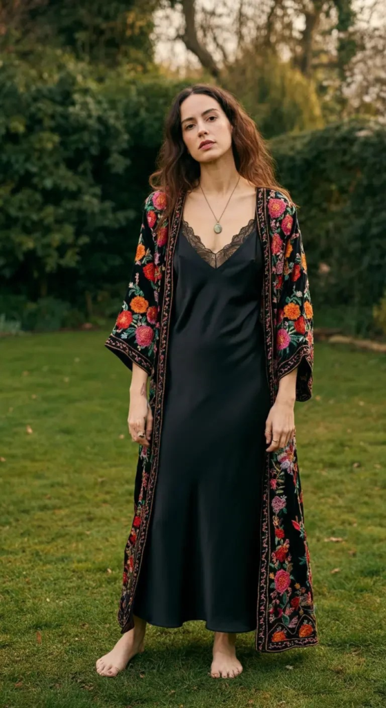 Embroidered Kimono Over Slip Dress