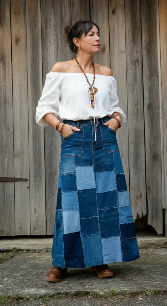 Patchwork Denim with Peasant Blouse