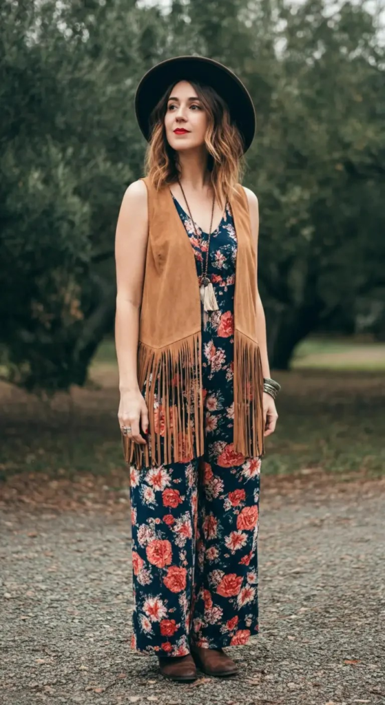 Printed Palazzo Jumpsuit with Fringe Vest