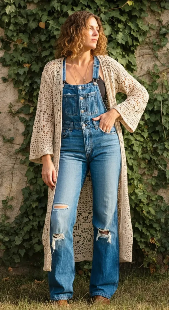 Distressed Denim with Crochet Cardigan