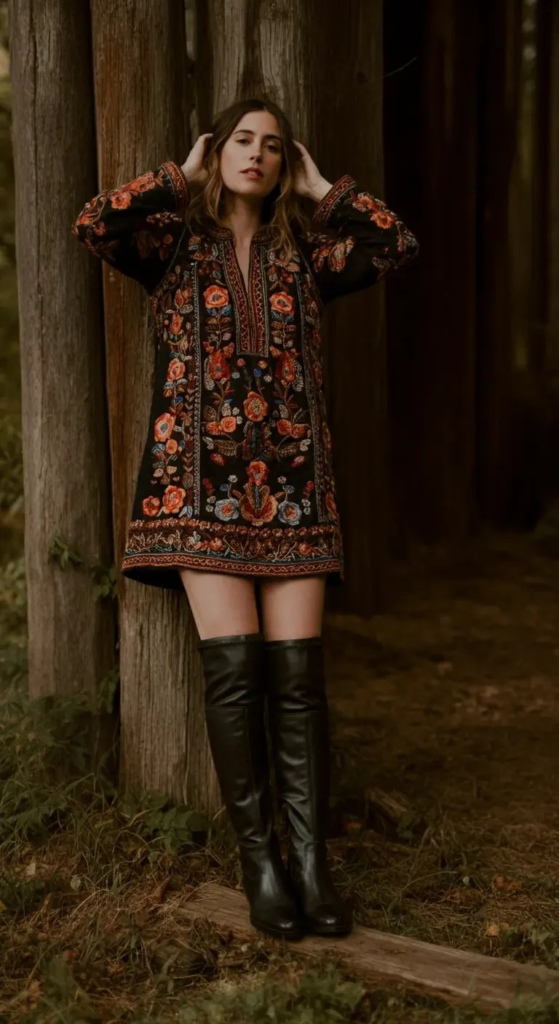 Embroidered Mini Dress with Boots