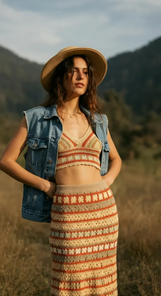 Crochet Set with Denim Vest