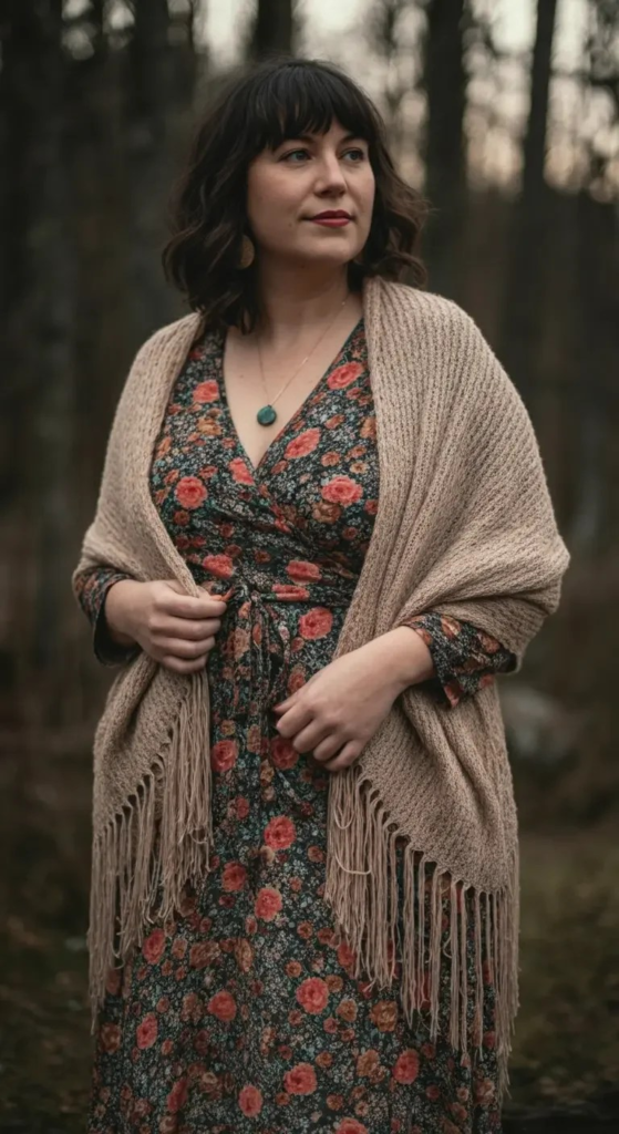 Printed Wrap Dress with Fringe Shawl