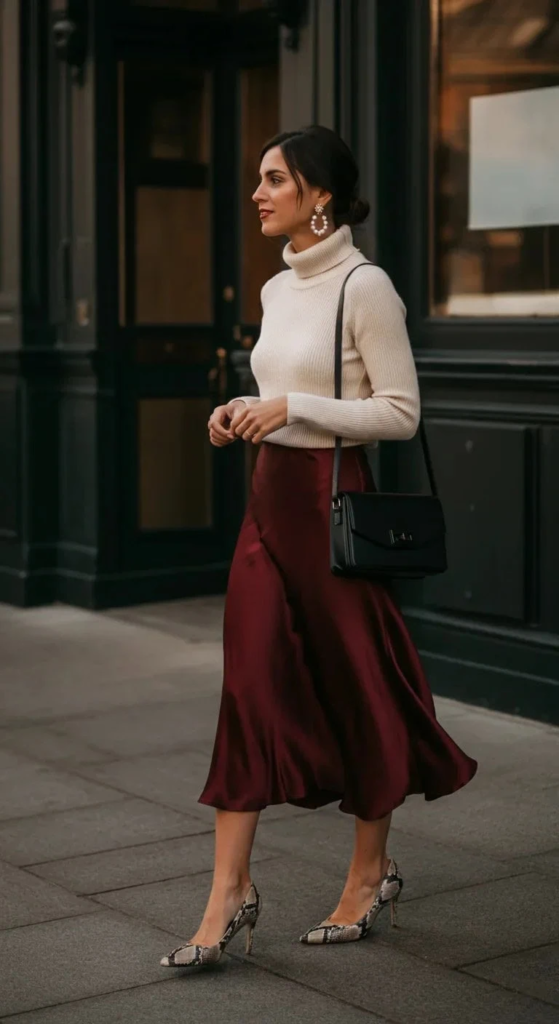 Silk Midi Skirt with Turtleneck Combo