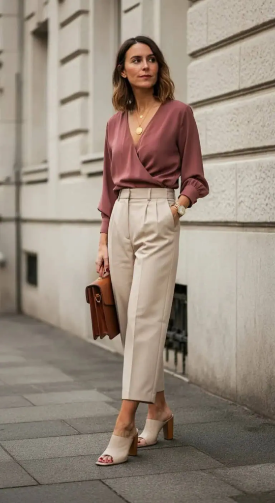 Cropped Wide-Leg Trousers with Wrap Blouse