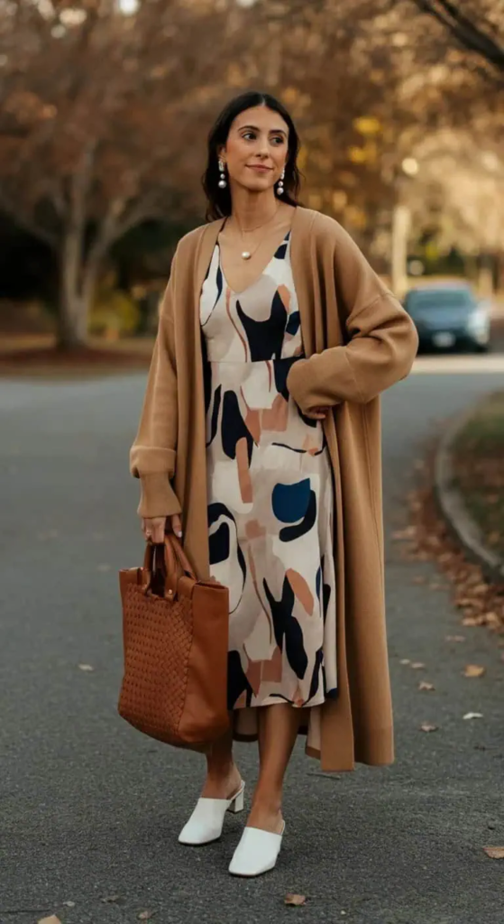 Printed Midi Dress with Duster Cardigan