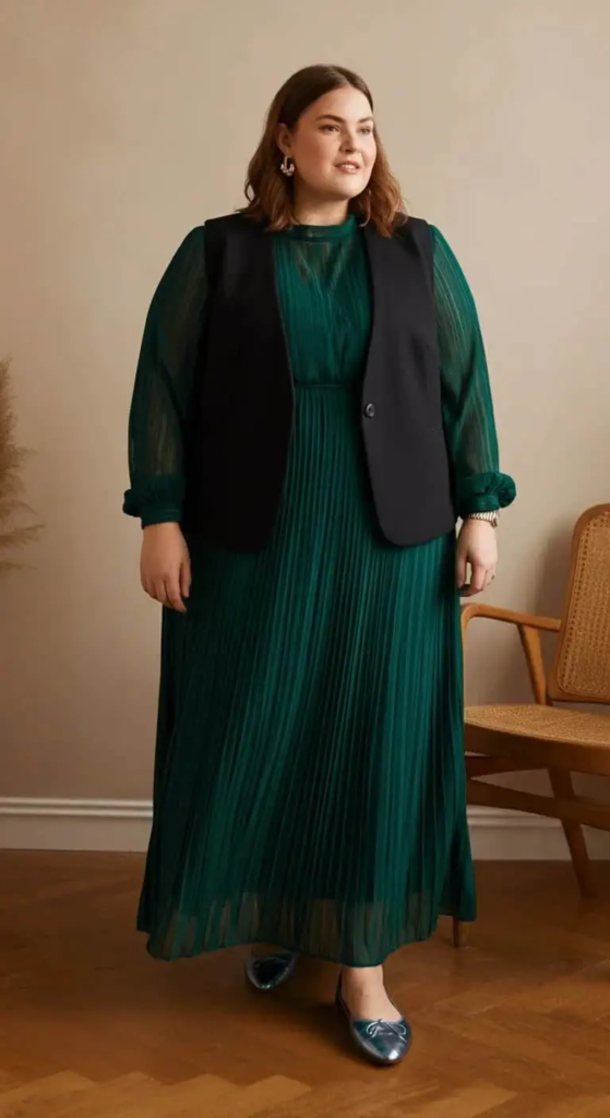 Pleated Maxi Dress with Structured Vest