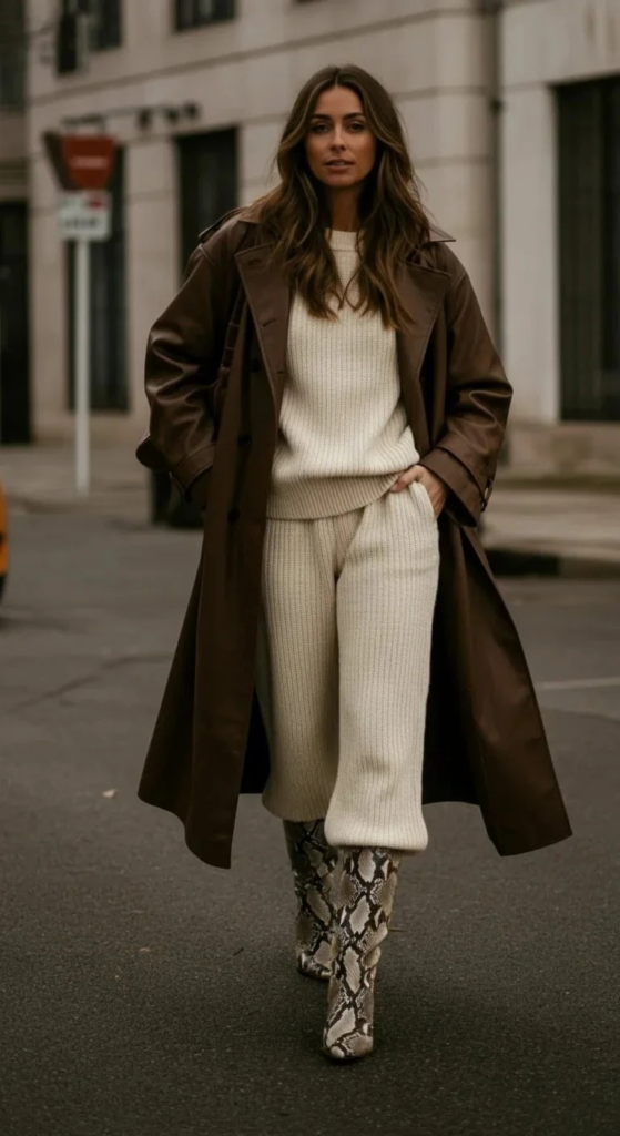 Knit Set with Leather Trench