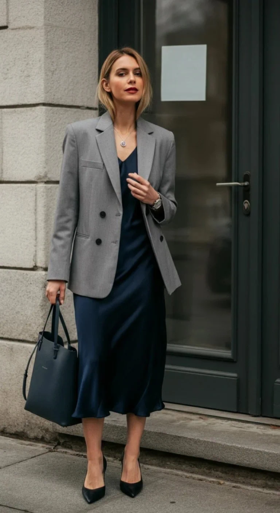 Silk Midi Dress with Tailored Blazer