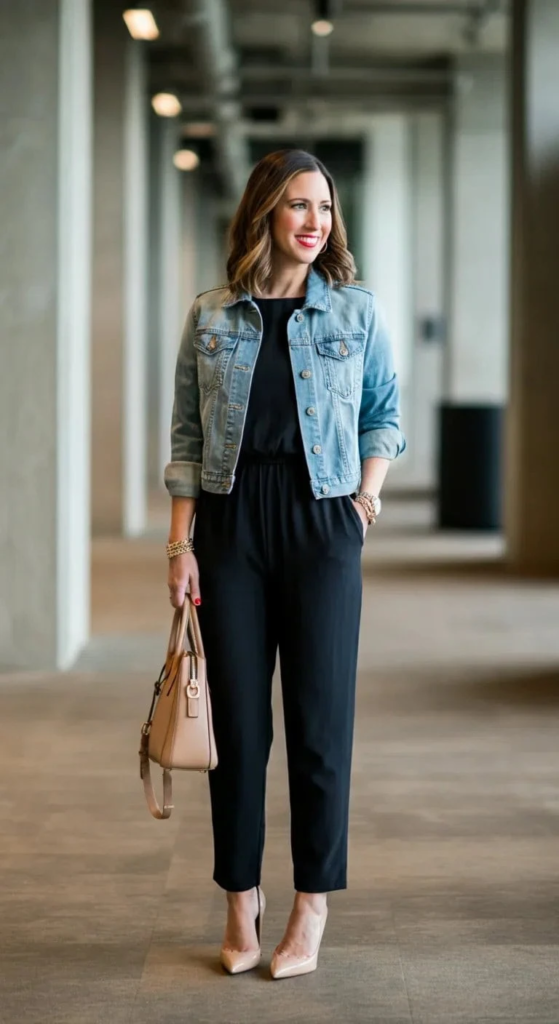 1. Sleeveless Jumpsuit and Denim Jacket
