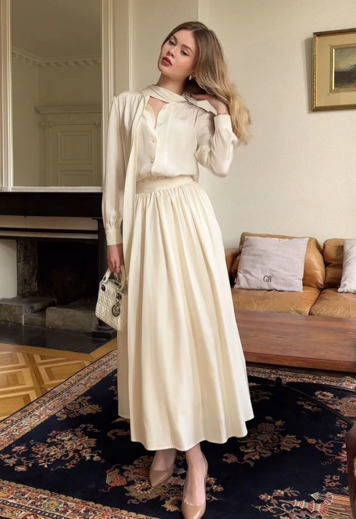 Elegant Cream Two-Piece Midi Ensemble