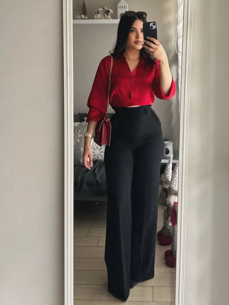Bold Red Blouse With Black Trousers