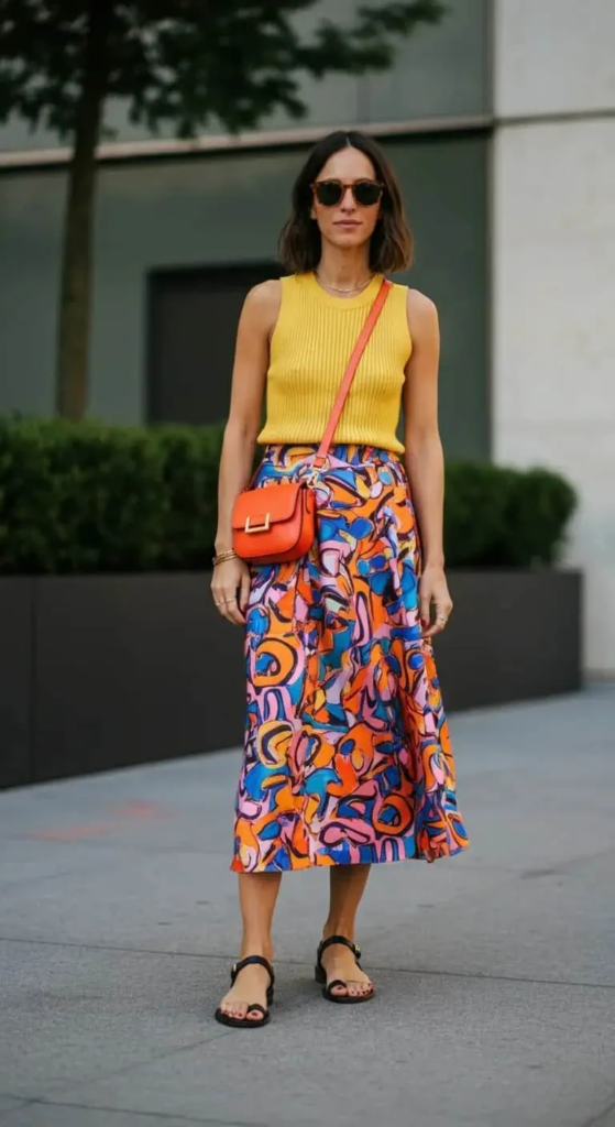 3. Printed Midi Skirt and Knit Tank