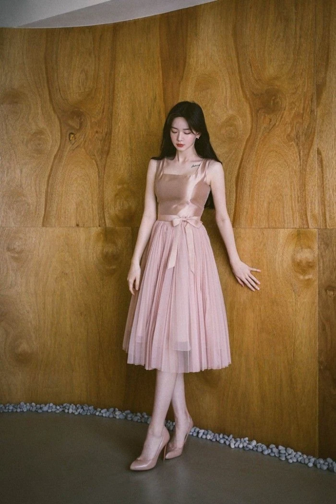 Romantic Blush Pleated Midi Dress