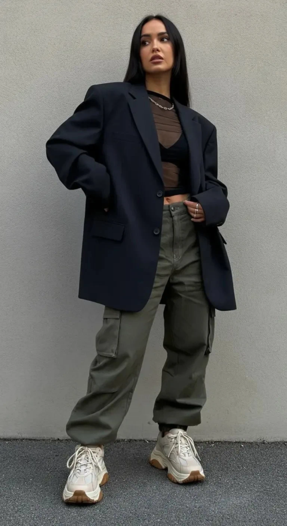 Oversized Blazer with Mesh Top and Cargo Pants