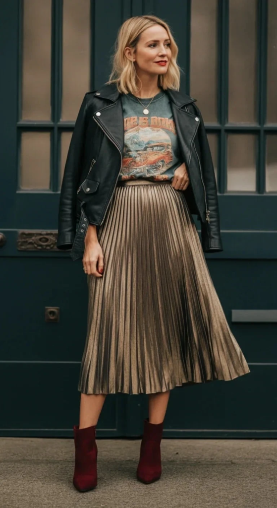 Metallic Pleated Skirt with Graphic Tee
