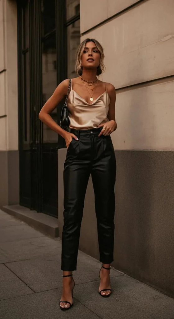 Leather Pants and Silk Cami Combo