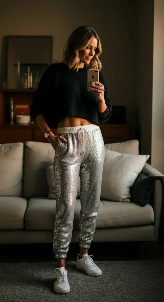Sequined Joggers and Cropped Sweater