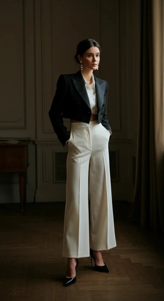 Cropped Tuxedo and High-Waisted Pants