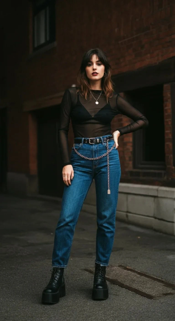 Mesh Top and High-Waisted Jeans