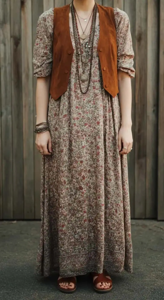 Layered Maxi Dress with Vintage Vest