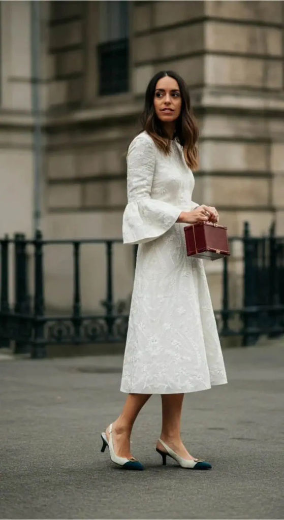 8. Embroidered Dress and Kitten Heels