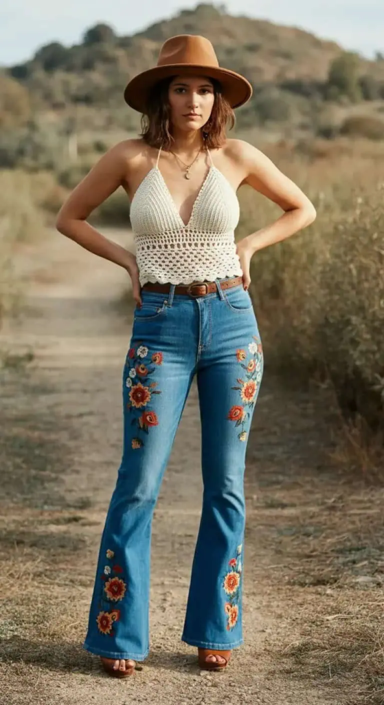Embroidered Denim with Crochet Top