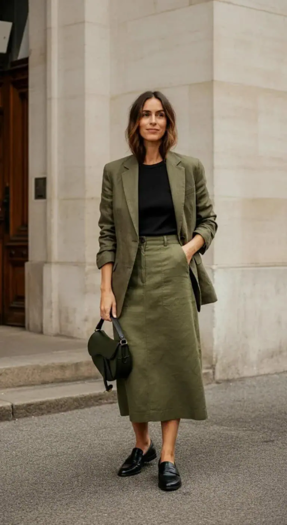 9. Linen Blazer and Midi Skirt