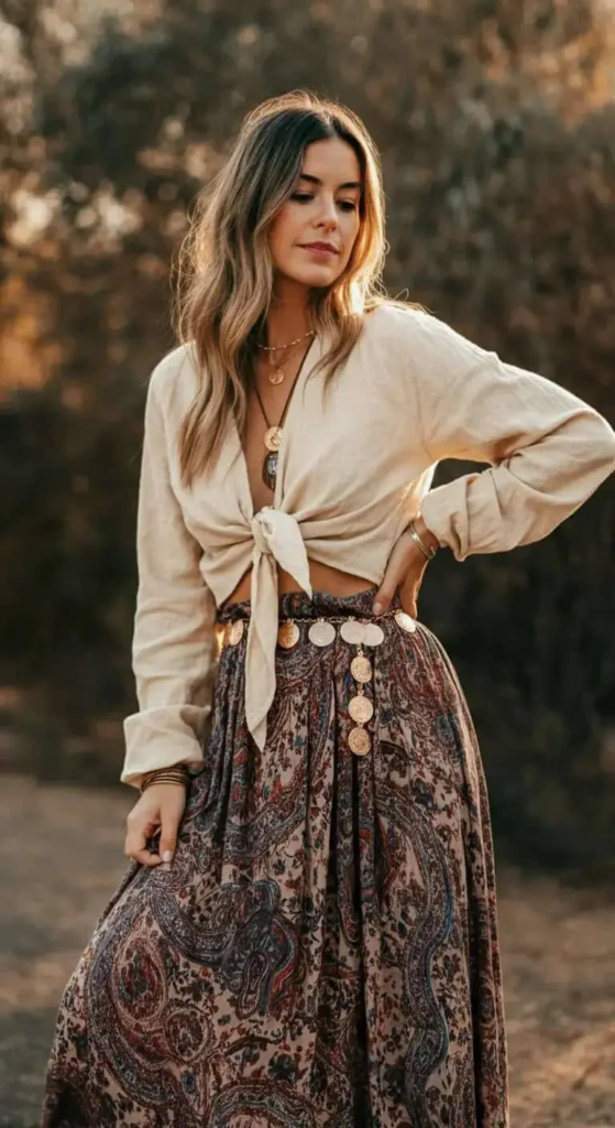 Tie-Front Blouse with Printed Skirt