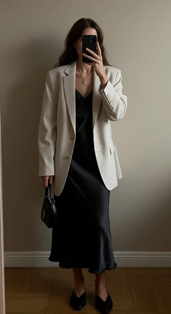 Silk Slip Dress with Tailored Blazer