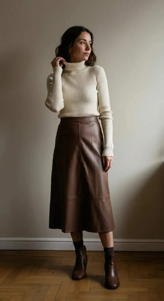 Ribbed Turtleneck with Leather Midi Skirt