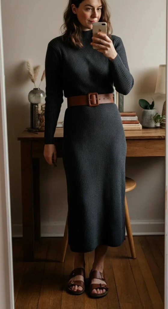 Knit Column Dress with Leather Belt