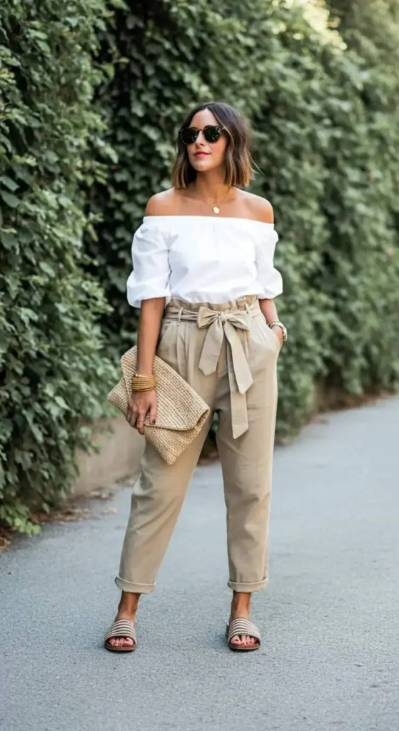 10. Off-The-Shoulder Top and Paper Bag Pants