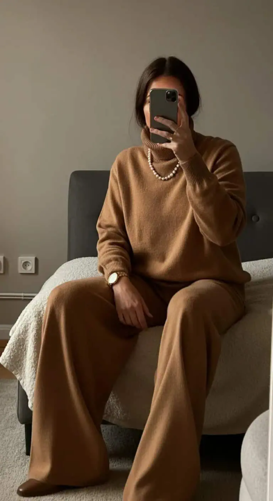 Camel Cashmere Set with Pearl Accessories