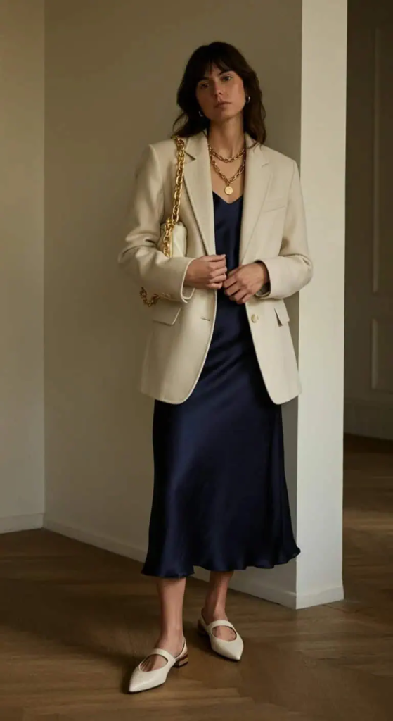 Silk Midi Dress with Tailored Blazer