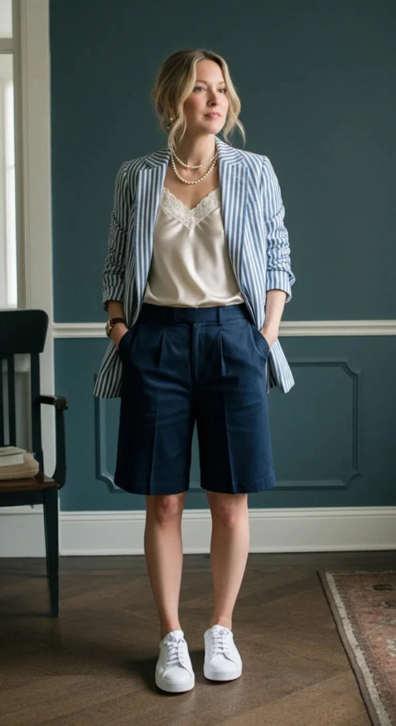 Tailored Bermuda Shorts with Striped Blazer