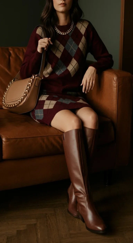 Argyle Sweater Dress with Knee-High Boots