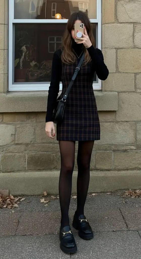 Plaid Mini Dress with Turtleneck Layer