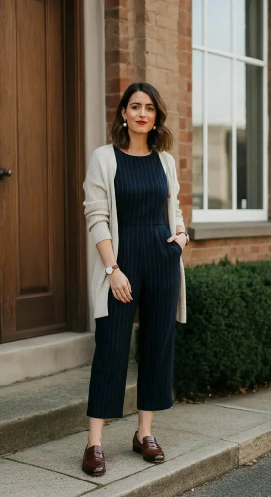 Pinstripe Jumpsuit with Penny Loafers