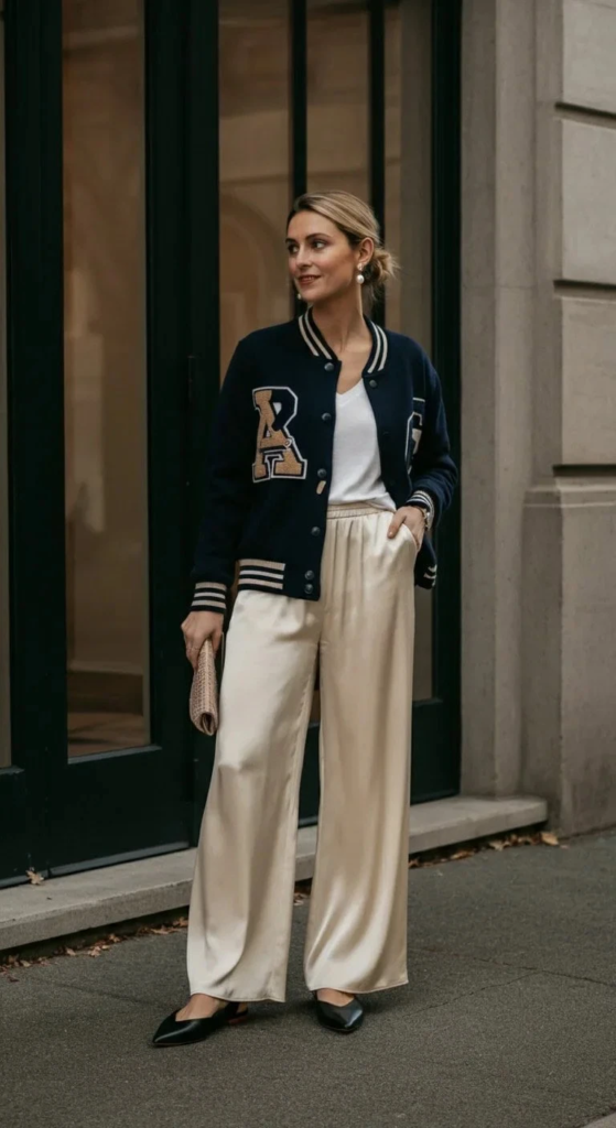 Varsity Cardigan with Silk Pants