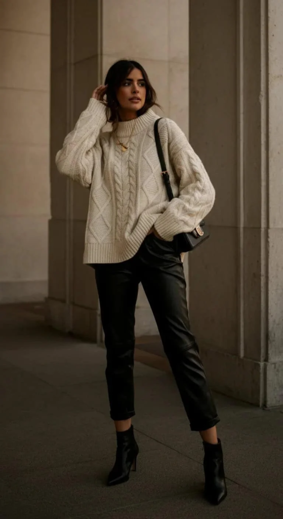 Leather Trousers with Chunky Knit