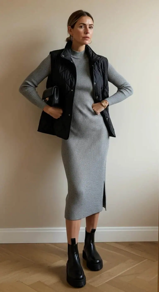 Quilted Vest with Ribbed Dress