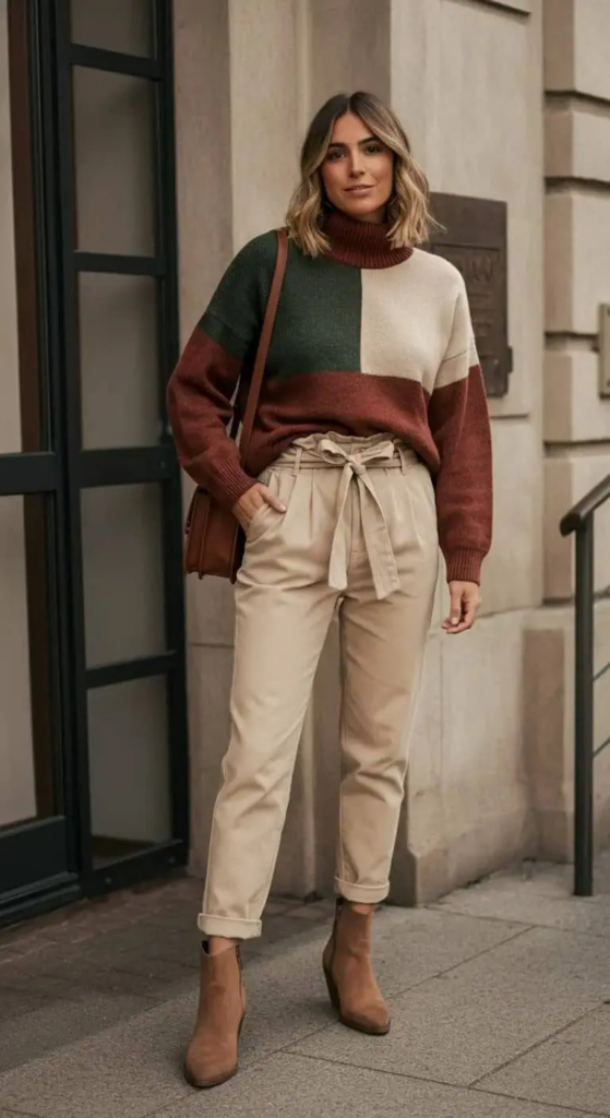 Colorblock Sweater with Paper Bag Pants