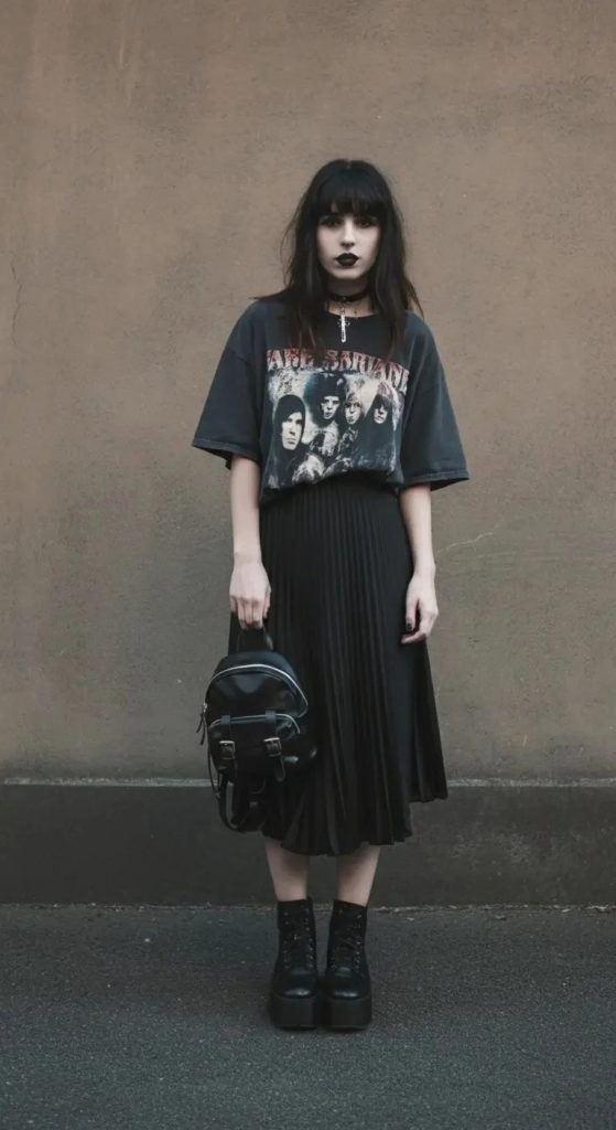 Oversized Band Tee and Pleated Skirt