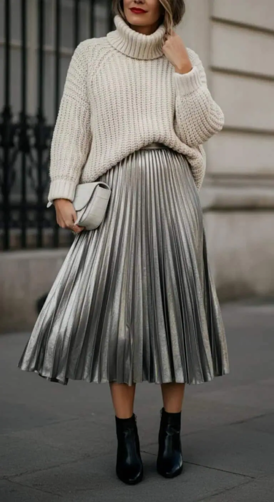 Metallic Midi Skirt with Oversized Knit