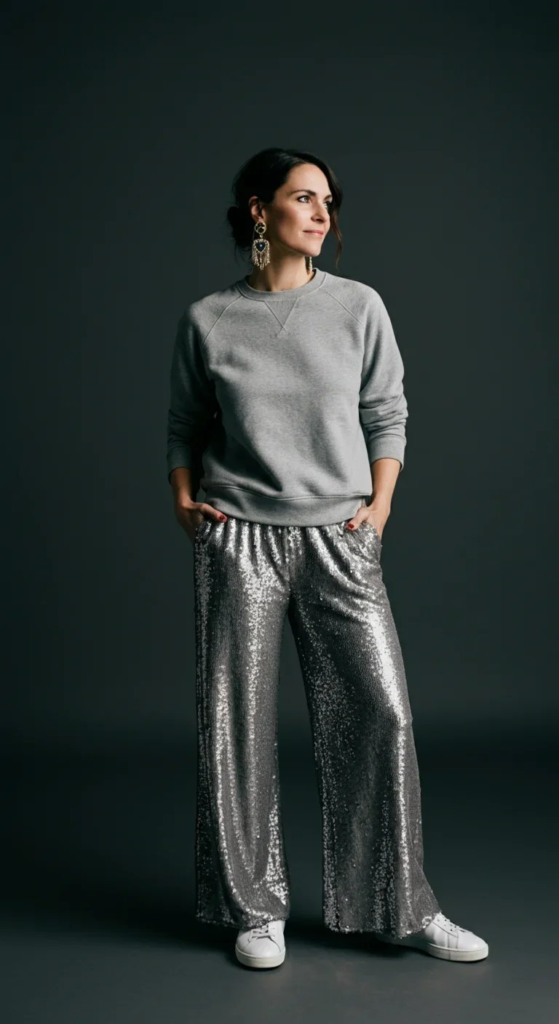 Sequin Pants with Basic Sweatshirt