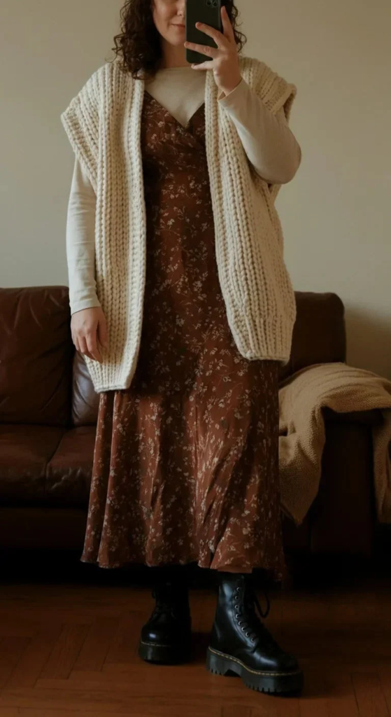 Knit Vest Over Silk Maxi Dress
