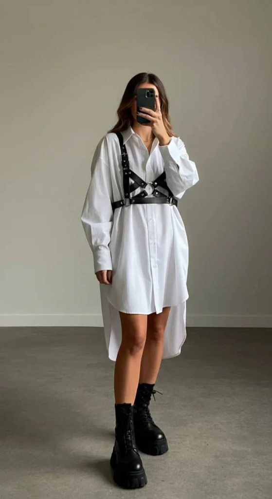 Oversized Shirt Dress with Leather Harness