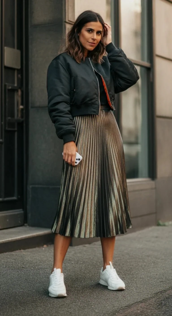 Pleated Midi Skirt with Cropped Bomber